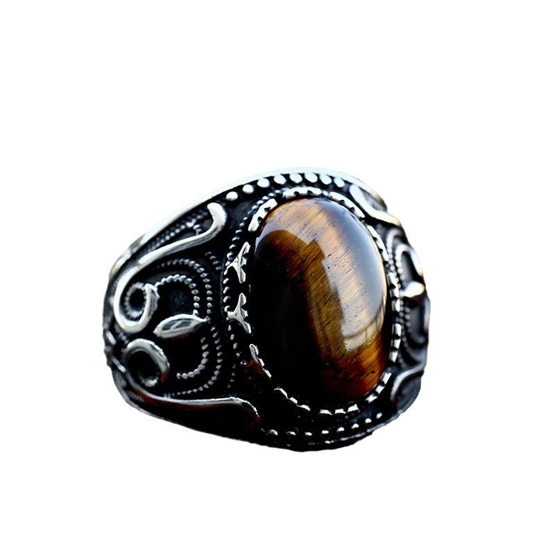 Retro Titanium Steel Tiger's Eye Inlaid Ring for Men - Hot Sale Cross-Border Wholesale