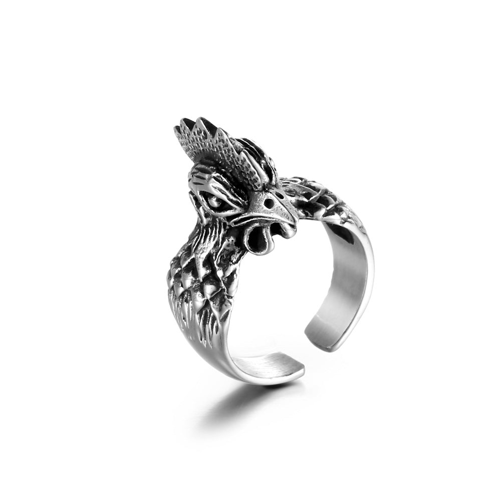 Creative Retro Rooster Ring for Men – Personalized Zodiac Open Ring in Titanium Steel