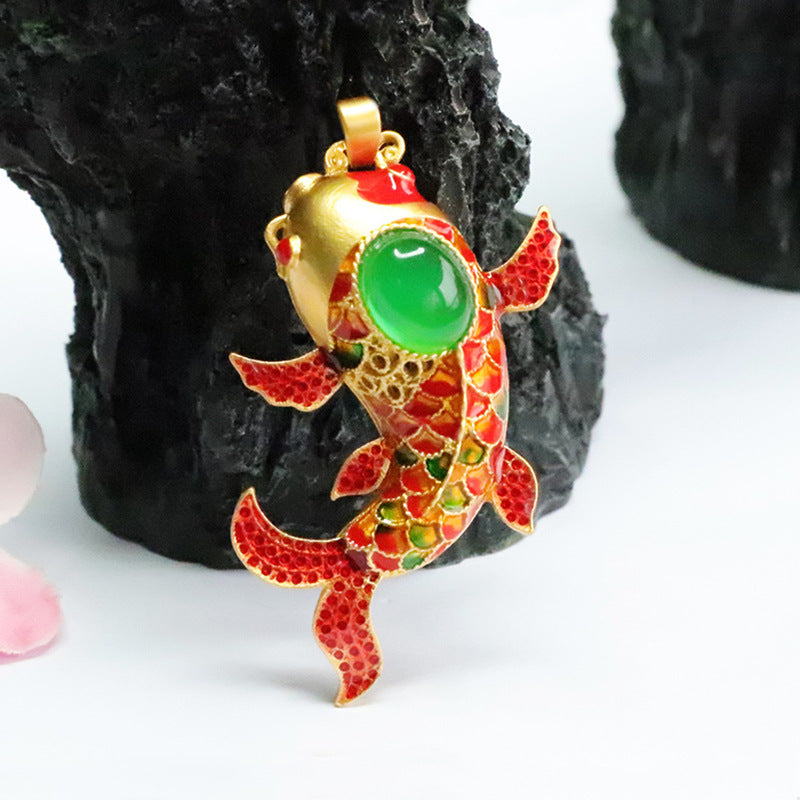 Ice Emperor Green Chalcedony, Enamel Goldfish Pendant