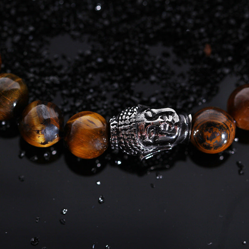 Custom Tiger Eye Bead Bracelet with Titanium Steel Buddha Head for Men - Trendy Retro Design