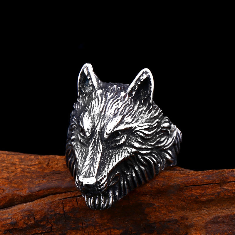 Retro Viking Wolf Head Titanium Steel Ring for Men - European & American Style, Available in Sizes 7-13