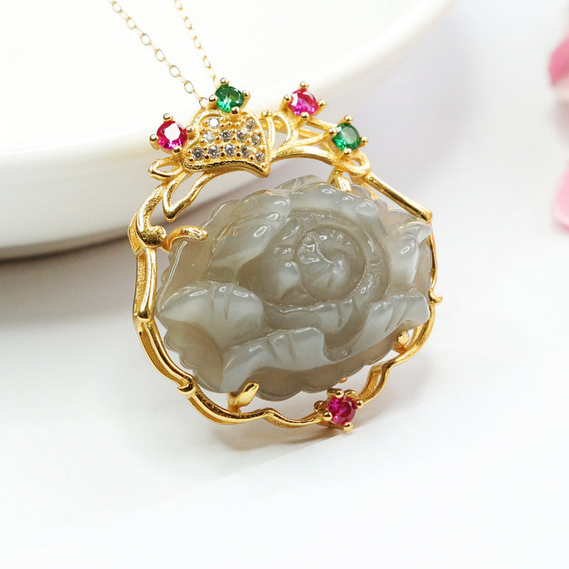 Purple Smoke Peony Flower Necklace with Natural Hetian Jade and Colorful Zircon