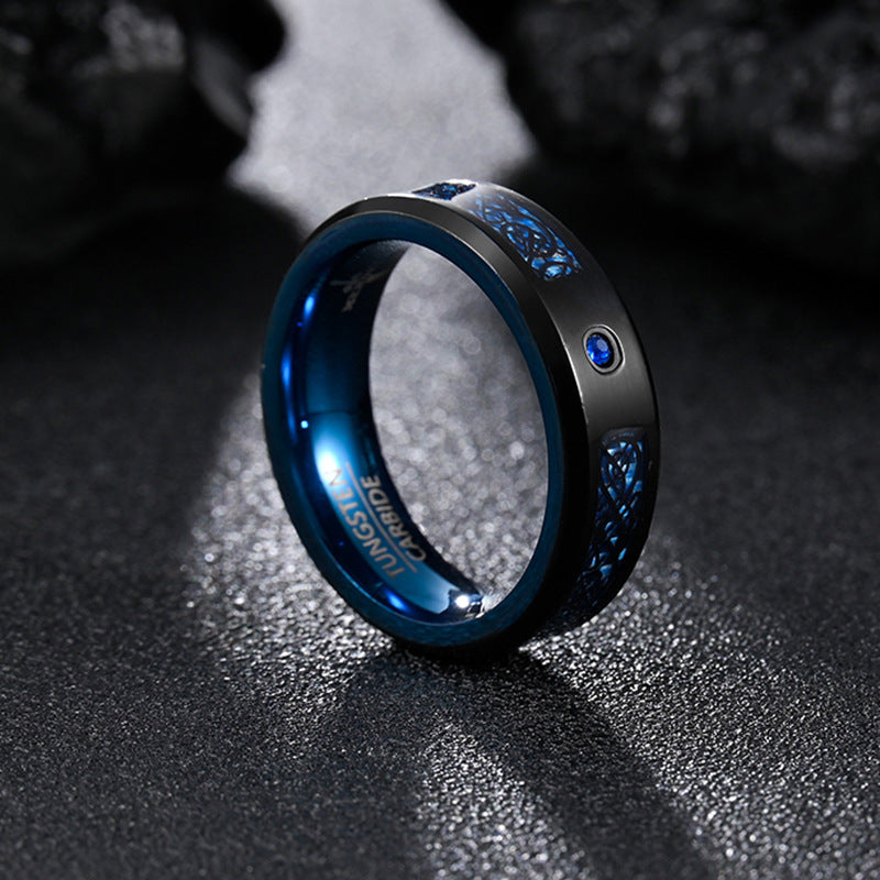 Dragon Pattern Carbon Fiber Men's Ring with Zircon Inlay