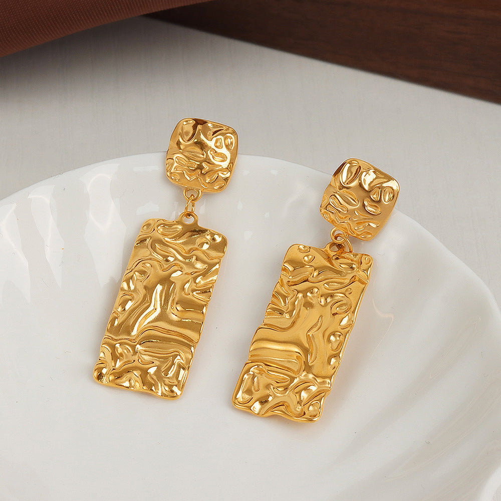 European Retro Design Gold-Plated Square Pleated Earrings for Women