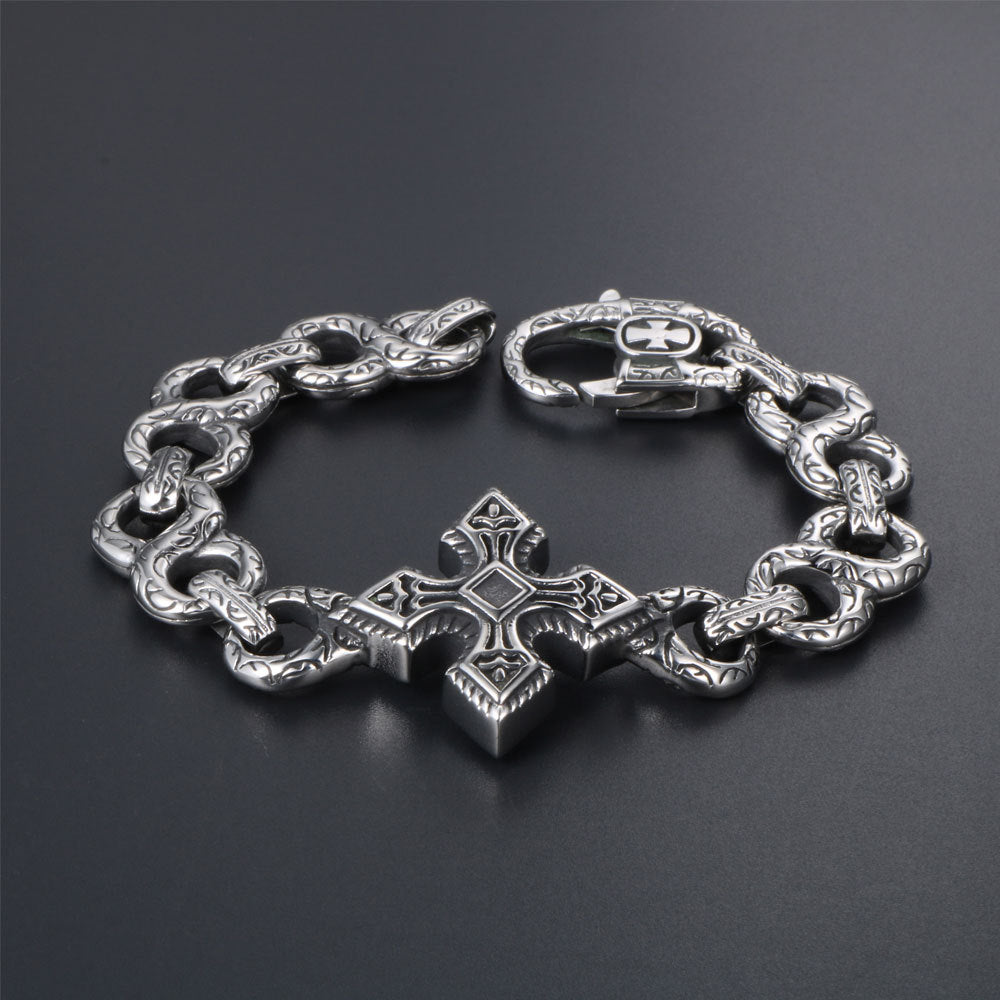 Punk-Inspired 8-Character Titanium Steel Bracelet for Men with Retro Cross Design