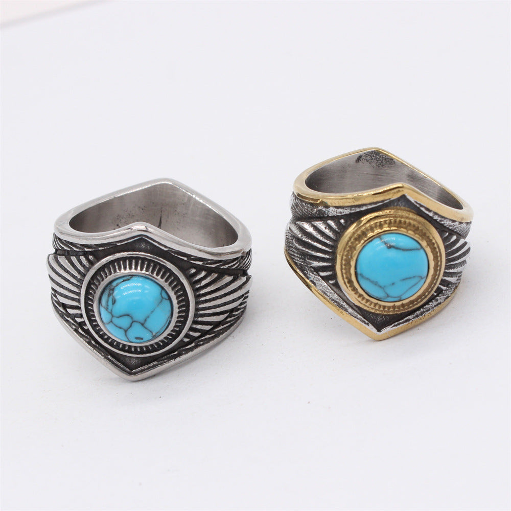 Literary Blue Turquoise Feather Men's Titanium Steel Ring