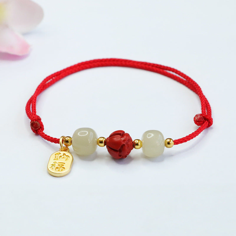 Vermilion Lotus Beads Sterling Silver Bracelet with Hetian Jade