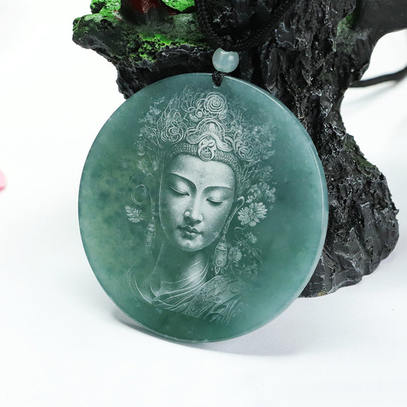 Green Jade Guanyin Bodhisattva Sterling Silver Pendant