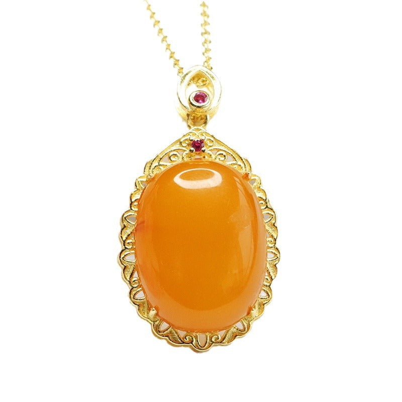 Sterling Silver Oval Honey Wax Amber Pendant Necklace