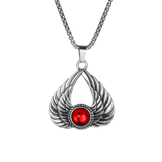 Titanium Steel Retro Wing Pendant Necklace for Men with Three-Color Gemstones