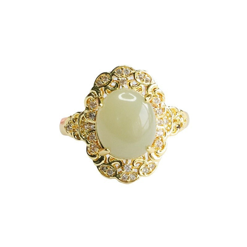 Elegant Hetian Jade Palace Style Ring with Sterling Silver