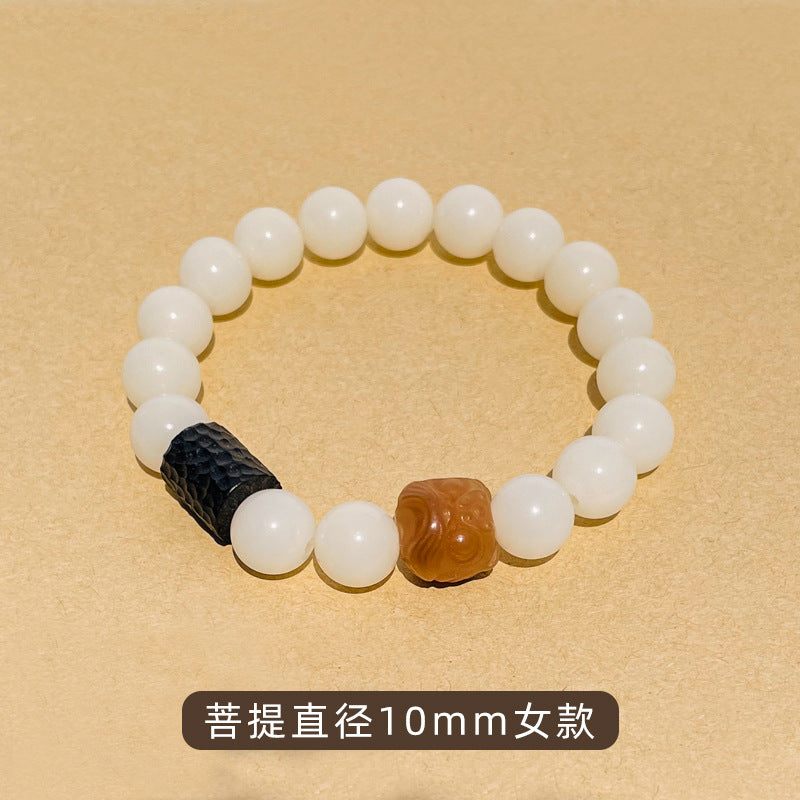 White Bodhi Jade and Sterling Silver Lion Bracelet