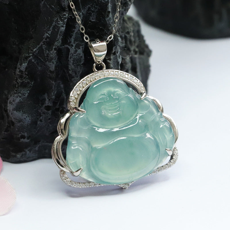 Buddha Pendant Fortune Necklace in Myanmar Blue Green Jade with Zircon