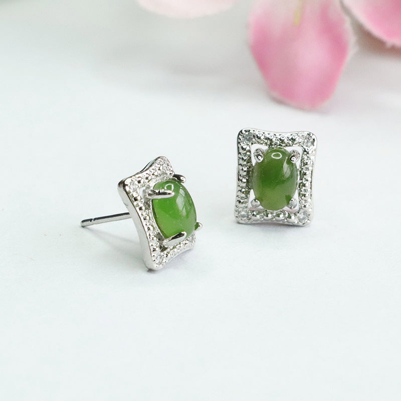 Rectangular Sterling Silver Earrings with Hetian Jade Insets