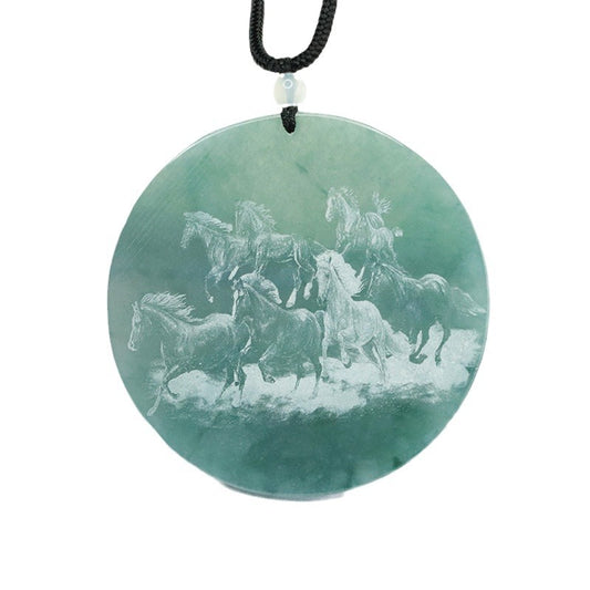 Jade Horse Zodiac Pendant with Eight Horses Carving in Blue Green Shadow