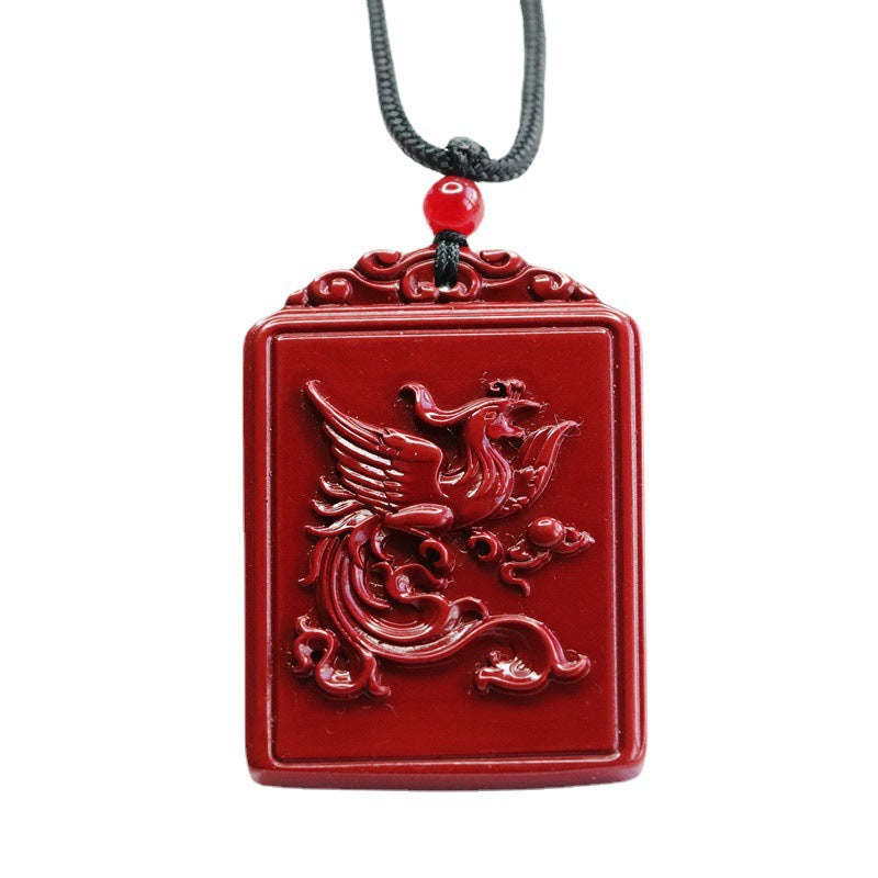 Cinnabar Pendant Purple Sand Double-sided Carving Dragon and Phoenix Square Brand Jewelry