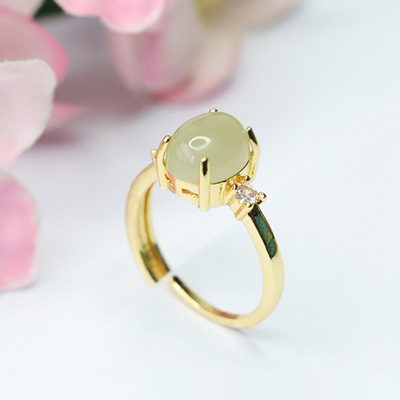 Oval Natural Hotan Jade Zircon Ring in Sterling Silver