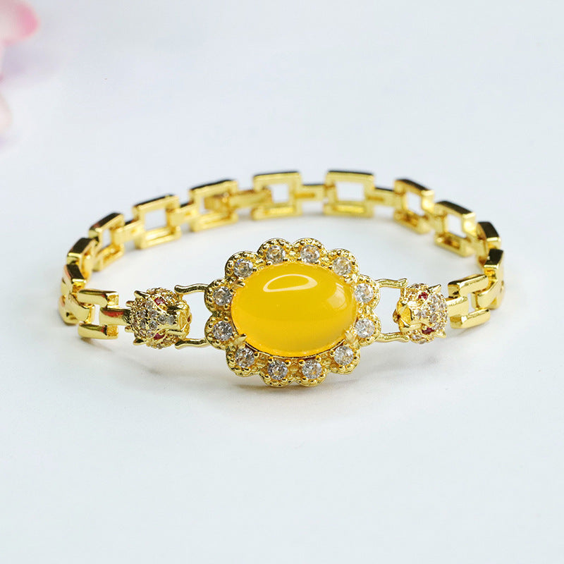 Leopard Head Yellow Chalcedony Bracelet in Sterling Silver