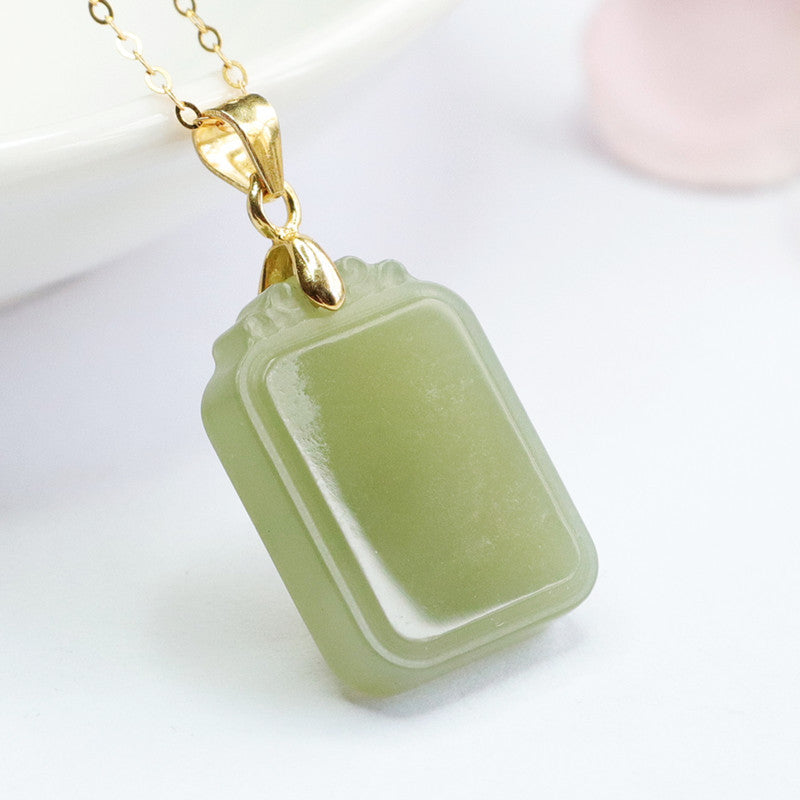 Luxurious Square Sterling Silver Pendant with Exquisite Hetian Jade