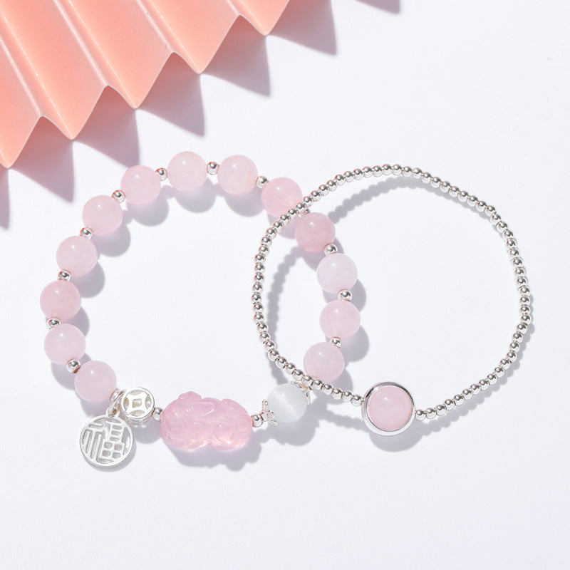 Fortune's Favor Pink Quartz Pixiu Crystal Bracelet - Sterling Silver Stacking Beaded Bracelet