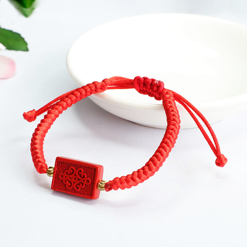 Red Sand Cinnabar Chinese Knot Bracelet with Sterling Silver Decor