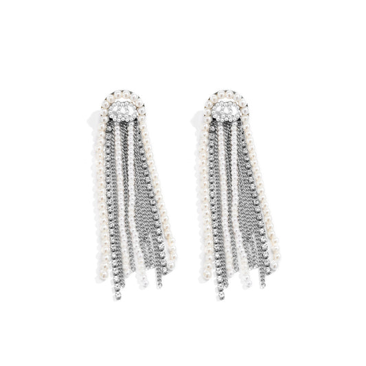 Pearl Tassel Earrings with Geometric Chains and Inlaid Gems