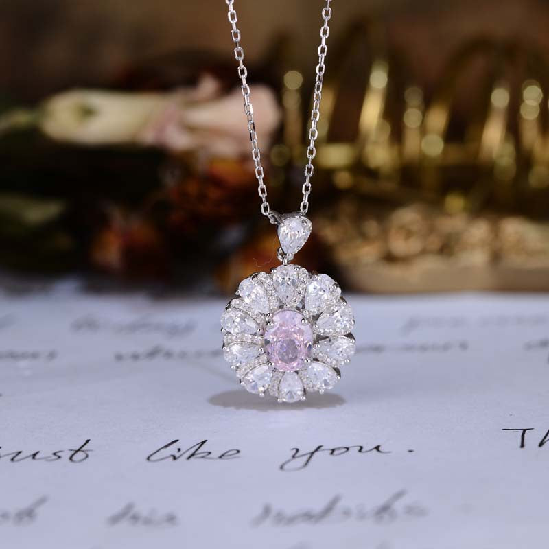 Flower Halo Oval Cut Pink Zircon Silver Necklace