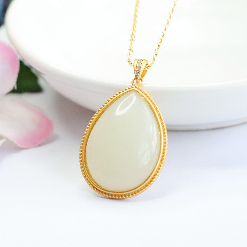 Droplet White Jade Necklace with Sterling Silver Pendant