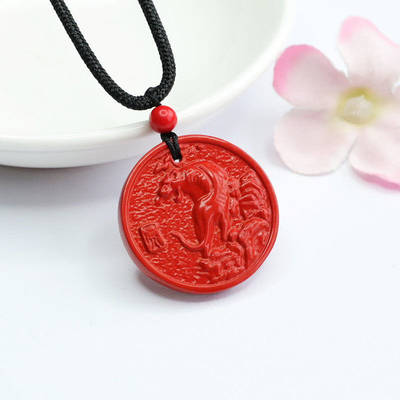 Red Sand Round Cinnabar Zodiac Tiger Sterling Silver Pendant