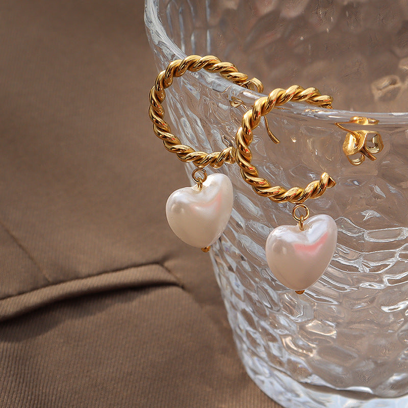 Italian Niche Design Heart-Shaped Earrings with Imitation Pearls and Gold Plating