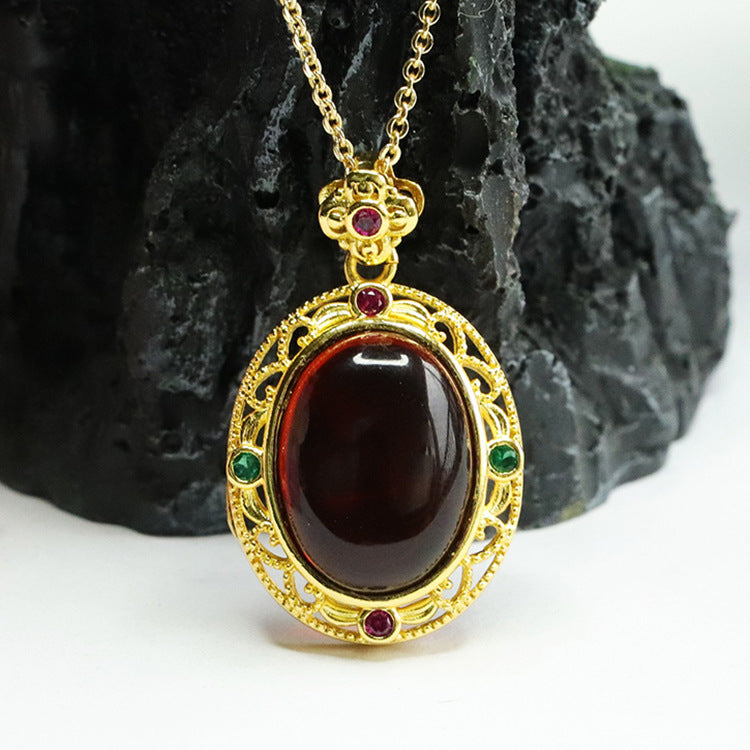 Egg Shaped Blood Amber Pendant with Zircon Flower Necklace - Vintage Sterling Silver Jewelry