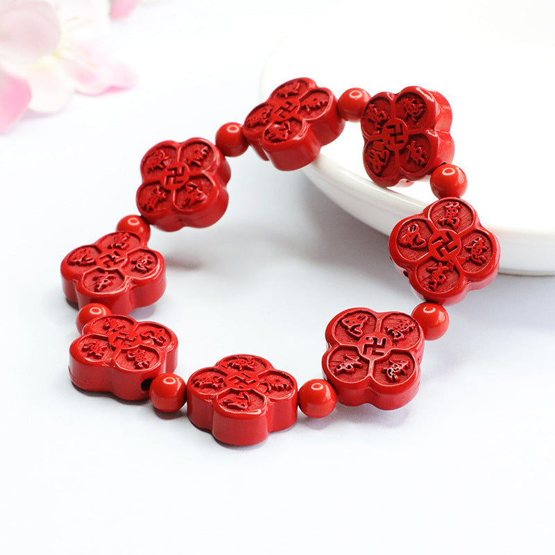 Fortune's Favor Sterling Silver Cinnabar Stone Bracelet with Four-Leaf Clover Inscription