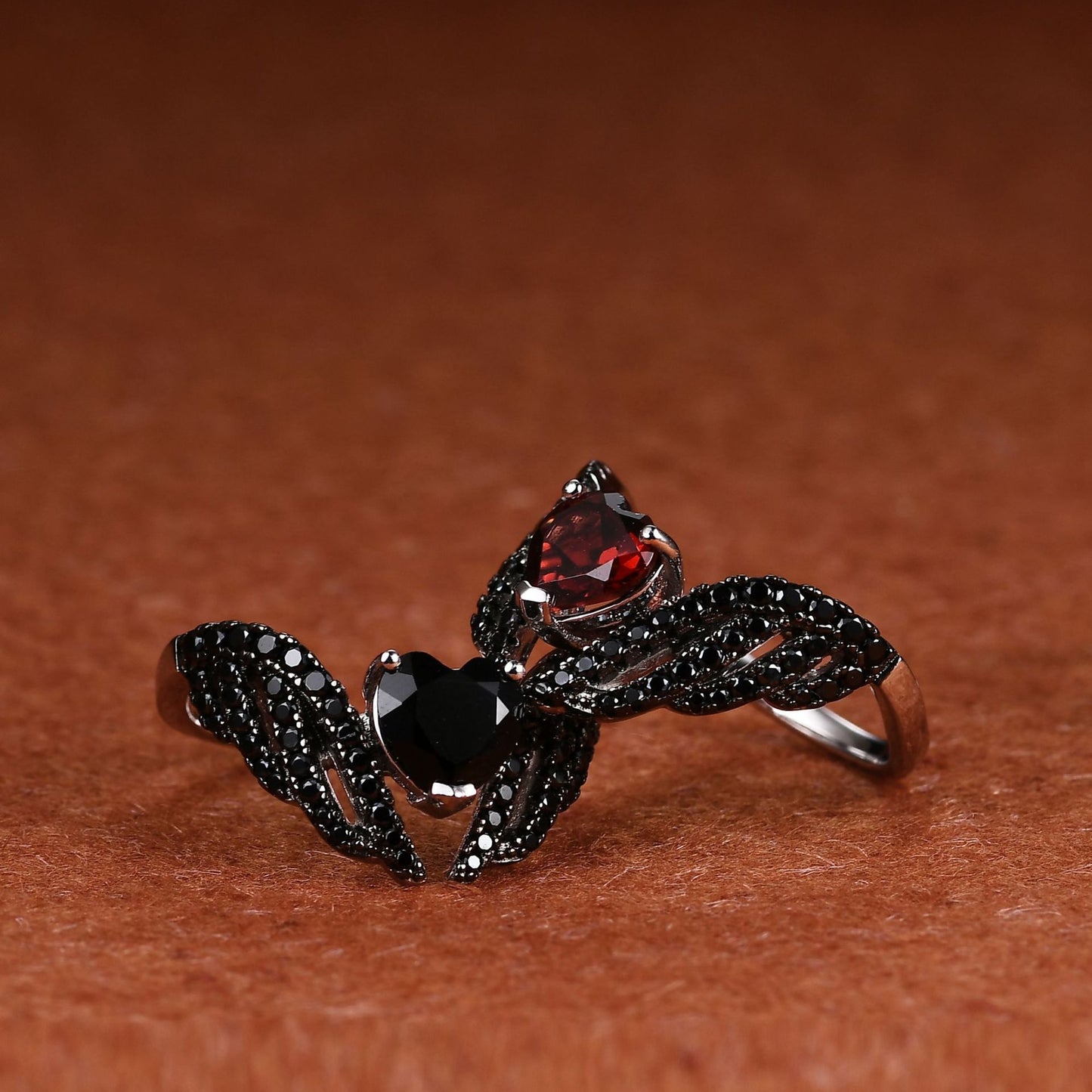 Darkness Wings Heart Shape Natural Gemstone Silver Ring