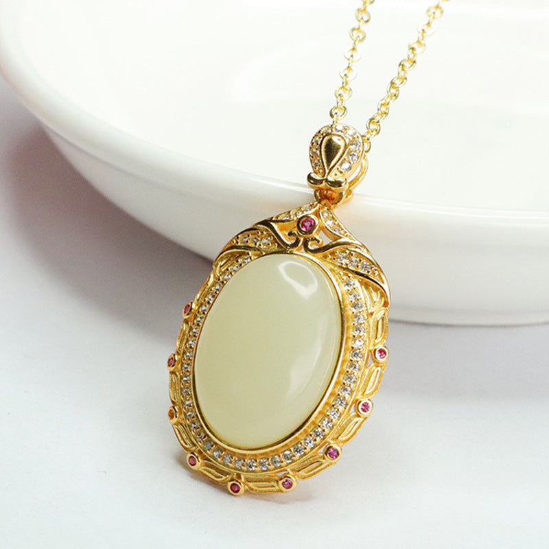 S925 Sterling Silver Oval Jade Necklace with Vintage Hotan Jade Pendant