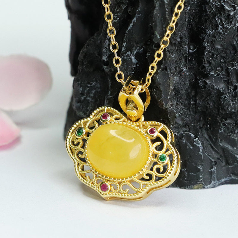 Amber Honey Wax Pendant with Sterling Silver Ruyi Design Jewelry for Women