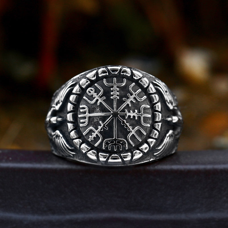 Wholesale Viking Rune Stainless Steel Ring for Men - Retro Titanium Steel Double Crow Design, Sizes 7-13