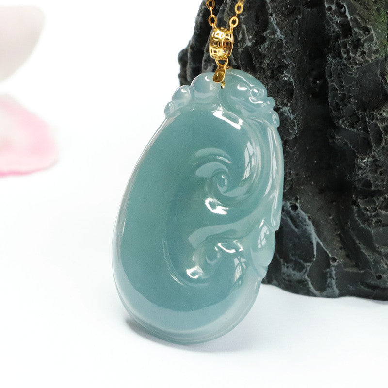 Blue Green Ruyi Jade Necklace with Sterling Silver Pendant