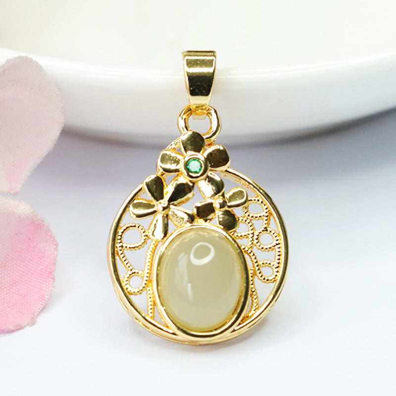 Elegant Hetian Jade Pendant with Sterling Silver Hollow Flower Design