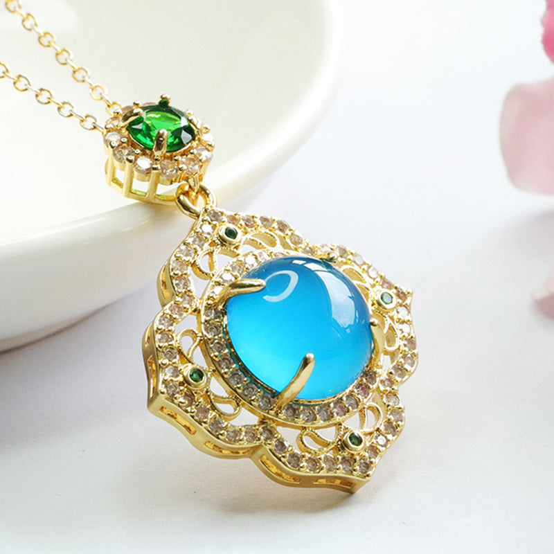 Round Blue Chalcedony Hollow Petal Pendant Female Retro