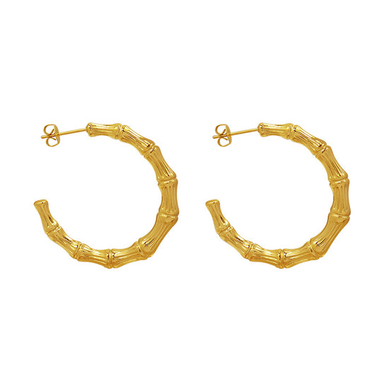 Bamboo Geometric C-Shaped Earrings with 18K Gold Plating - Personalized and Non-Fading