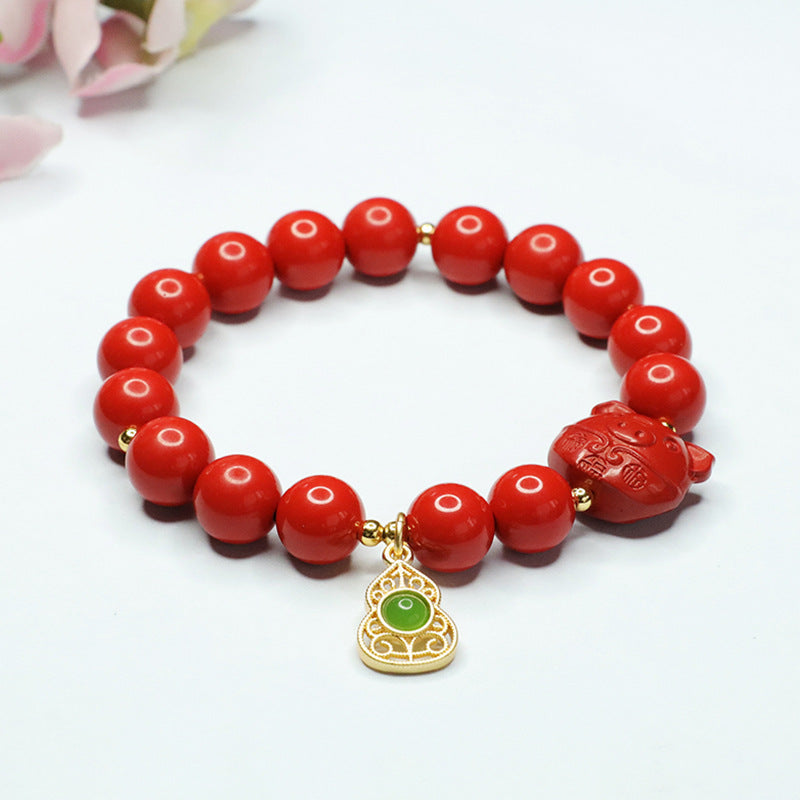 Red Cinnabar and Jade Gourd Zodiac Pig Bracelet