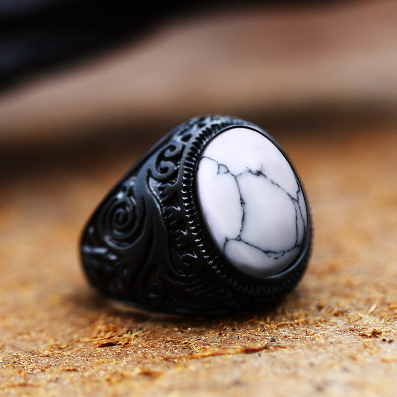 Retro Gem-Inlaid Titanium Steel Men's Engraved Ring - Wholesale Collection