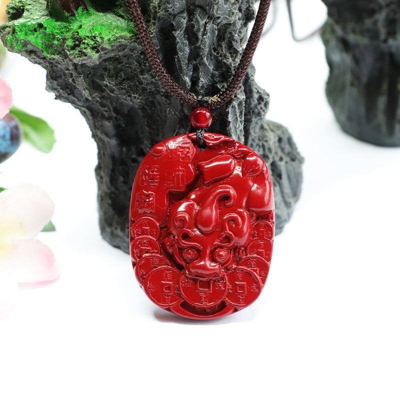 Vermilion Sand Pendant with Purple Gold Sand Pixiu Coin and Cinnabar Stone