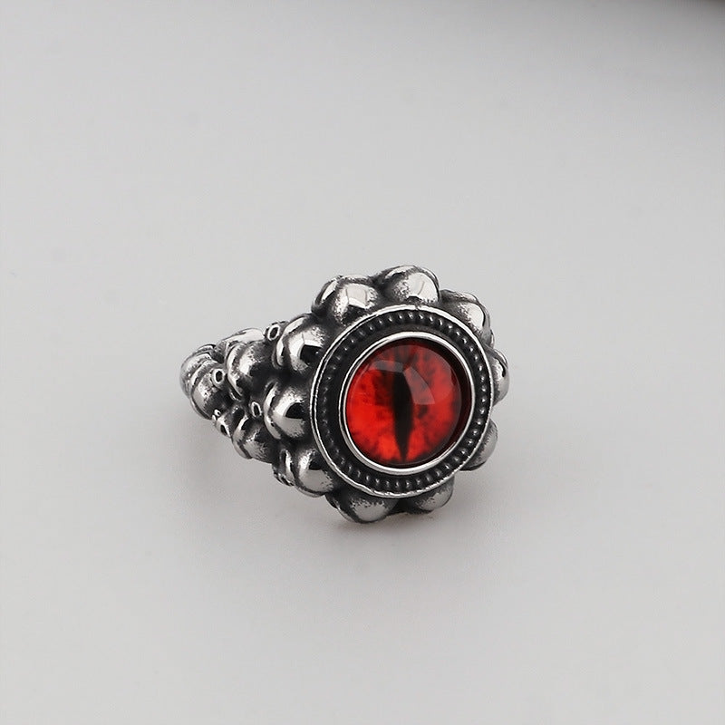 Punk-Style Devil's Eye Ring with Exaggerated Red/Green Design, Skull Feather Titanium Steel for Men