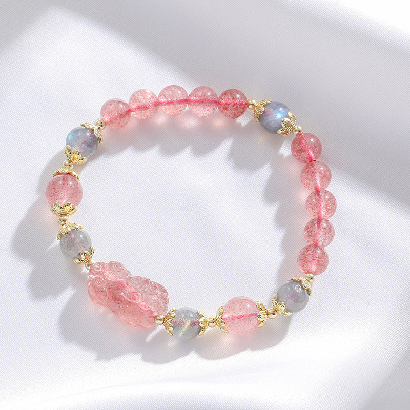 Strawberry Crystal Pixiu Bracelet with Gray Moonlight for Wealth Transfer