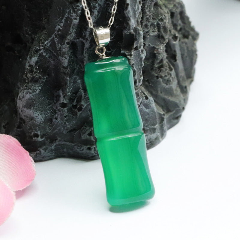 Sterling Silver Necklace with Green Chalcedony Bamboo Pendant