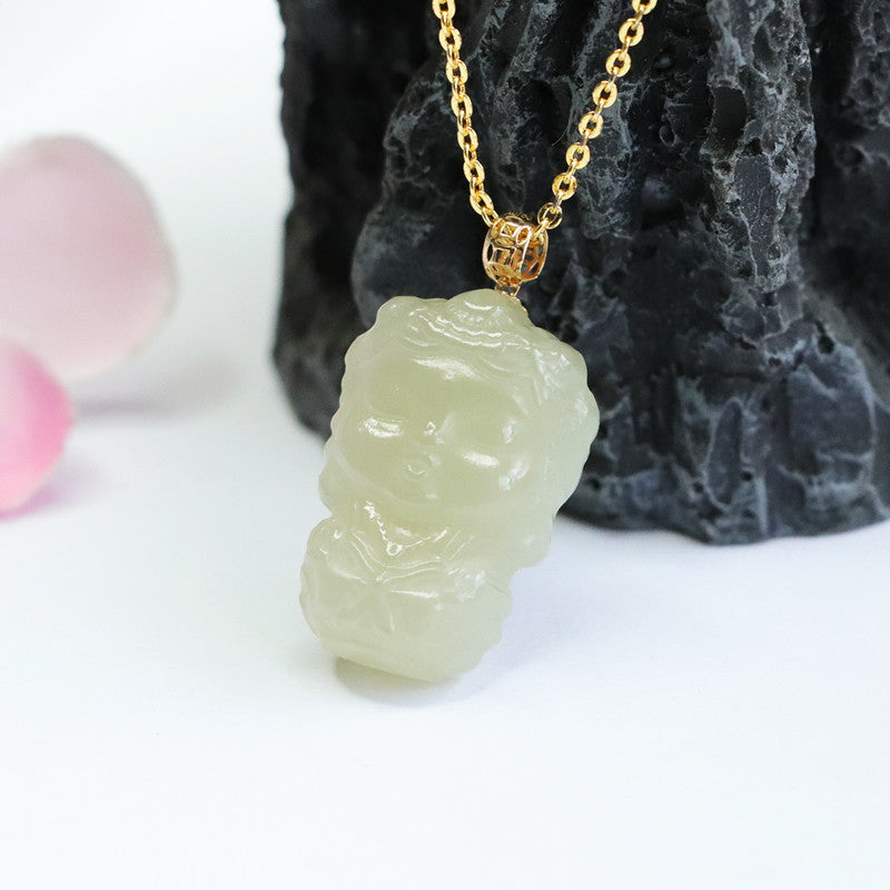 Green Tara Buddha Necklace with Hetian Jade Pendant