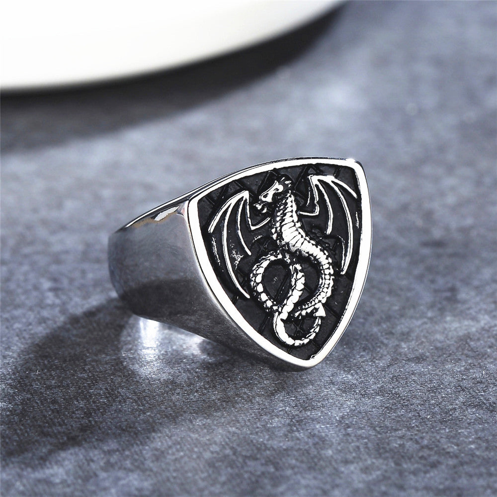 Flying Dragon Pattern Shield Titanium Steel Ring for Men