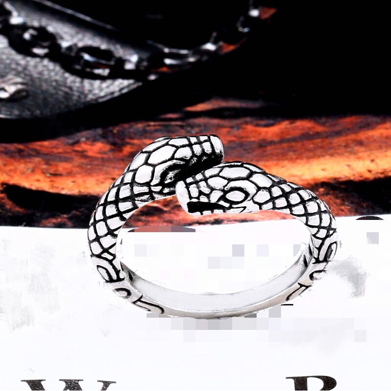 Retro Titanium Steel Double-Headed Snake Ring for Men - Bold European and American Jewelry