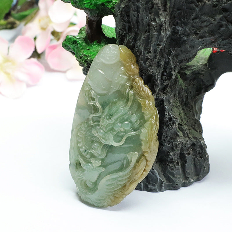 Green and Gold Dragon Phoenix Buddha Jade Pendant